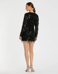 Black Long Sleeve Beaded Fringe Plunge Neck Dress