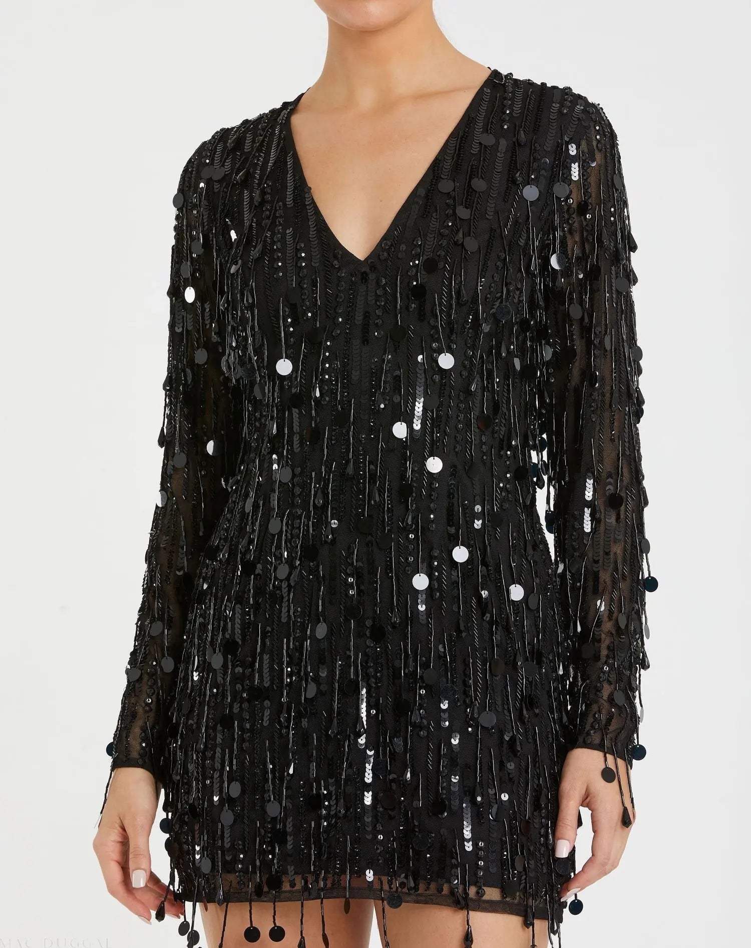 Black Long Sleeve Beaded Fringe Plunge Neck Dress