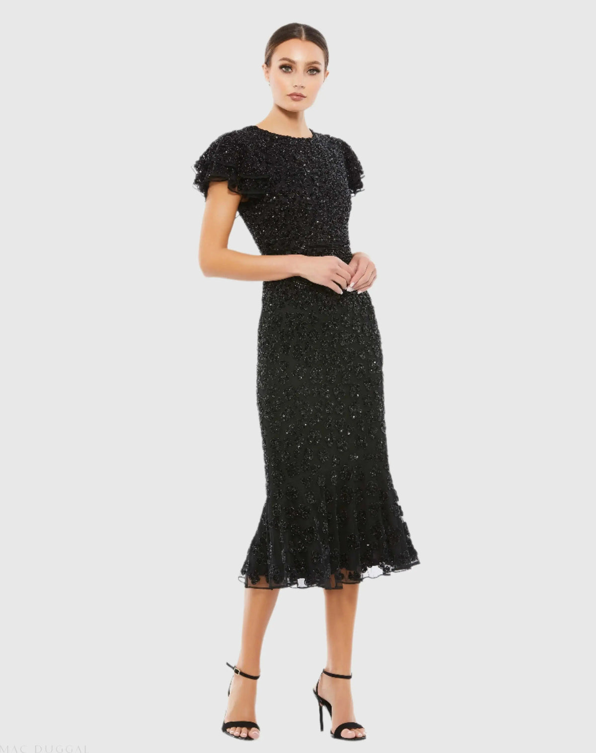 Black Hand Beaded Flounce Sleeve Midi Dress