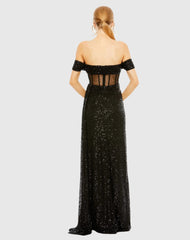 Black Off-the-Shoulder Sequined Corset Gown with Slit