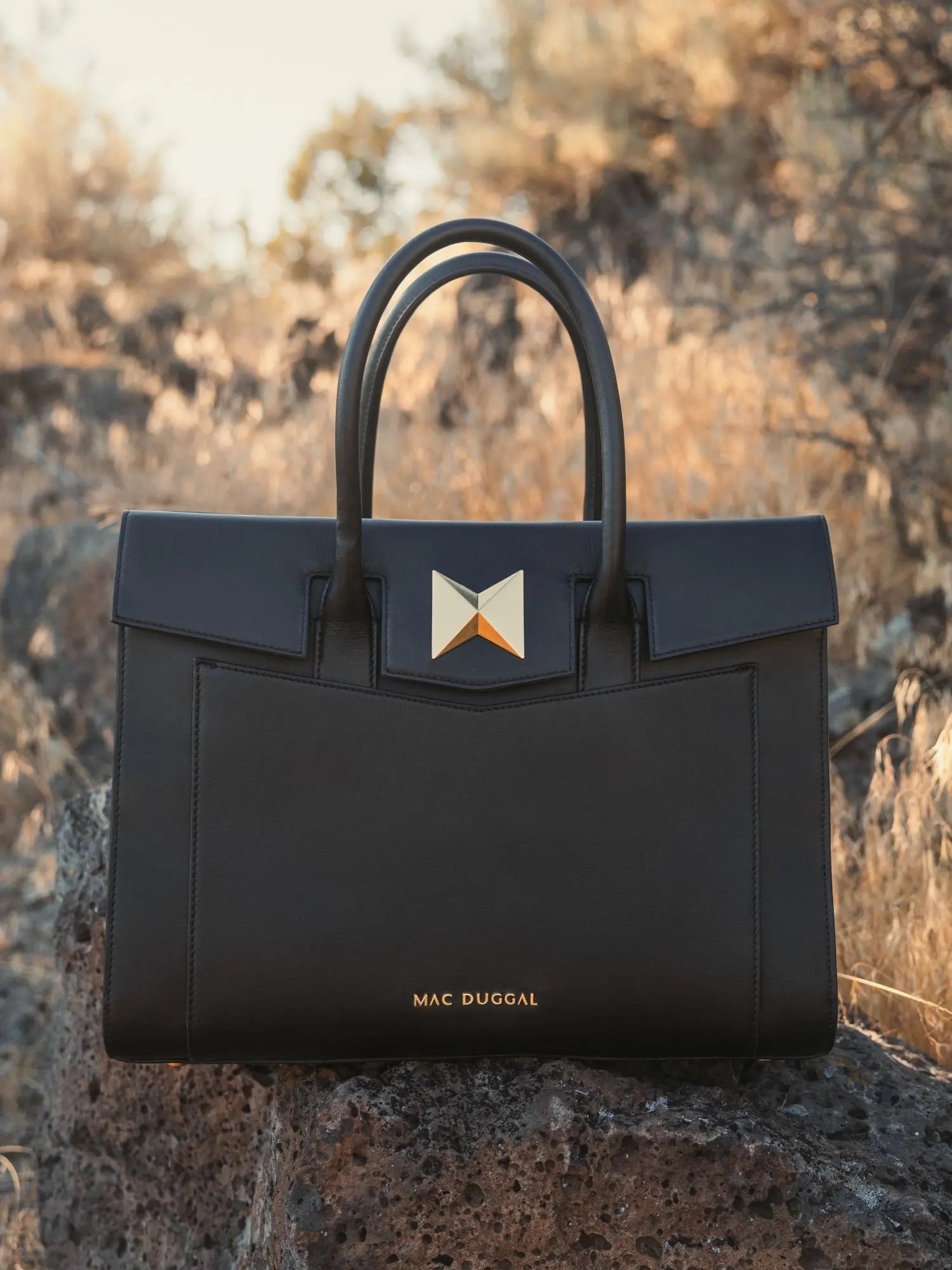 Black Large Leather Briefcase Bag With Gold Hardware