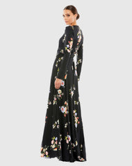 Black High Neck Long Sleeve Faux Wrap Gown