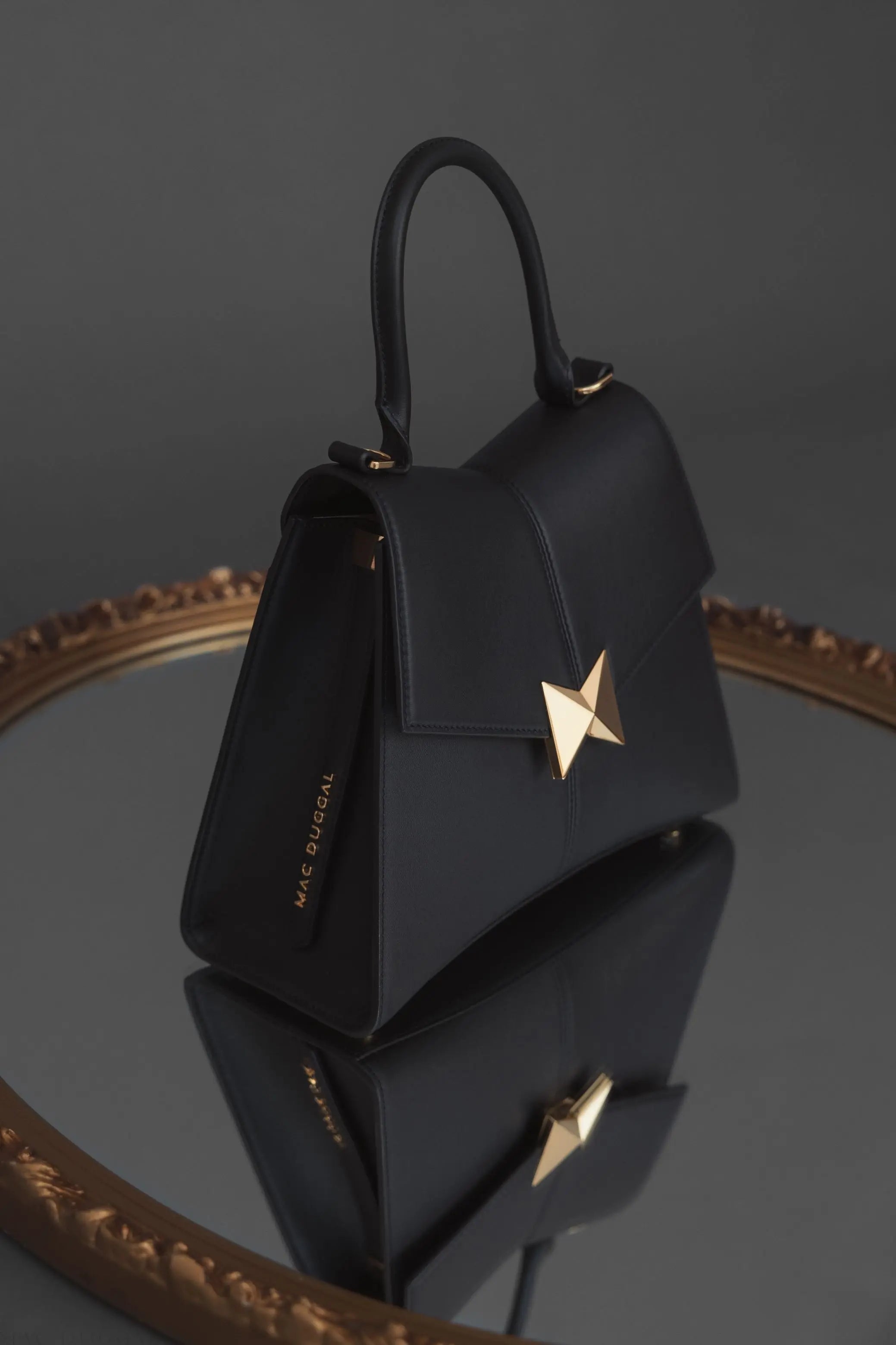 Black Medium Angular Leather Handbag With Gold Hardware
