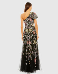 Black One Shoulder Beaded Floral Gown