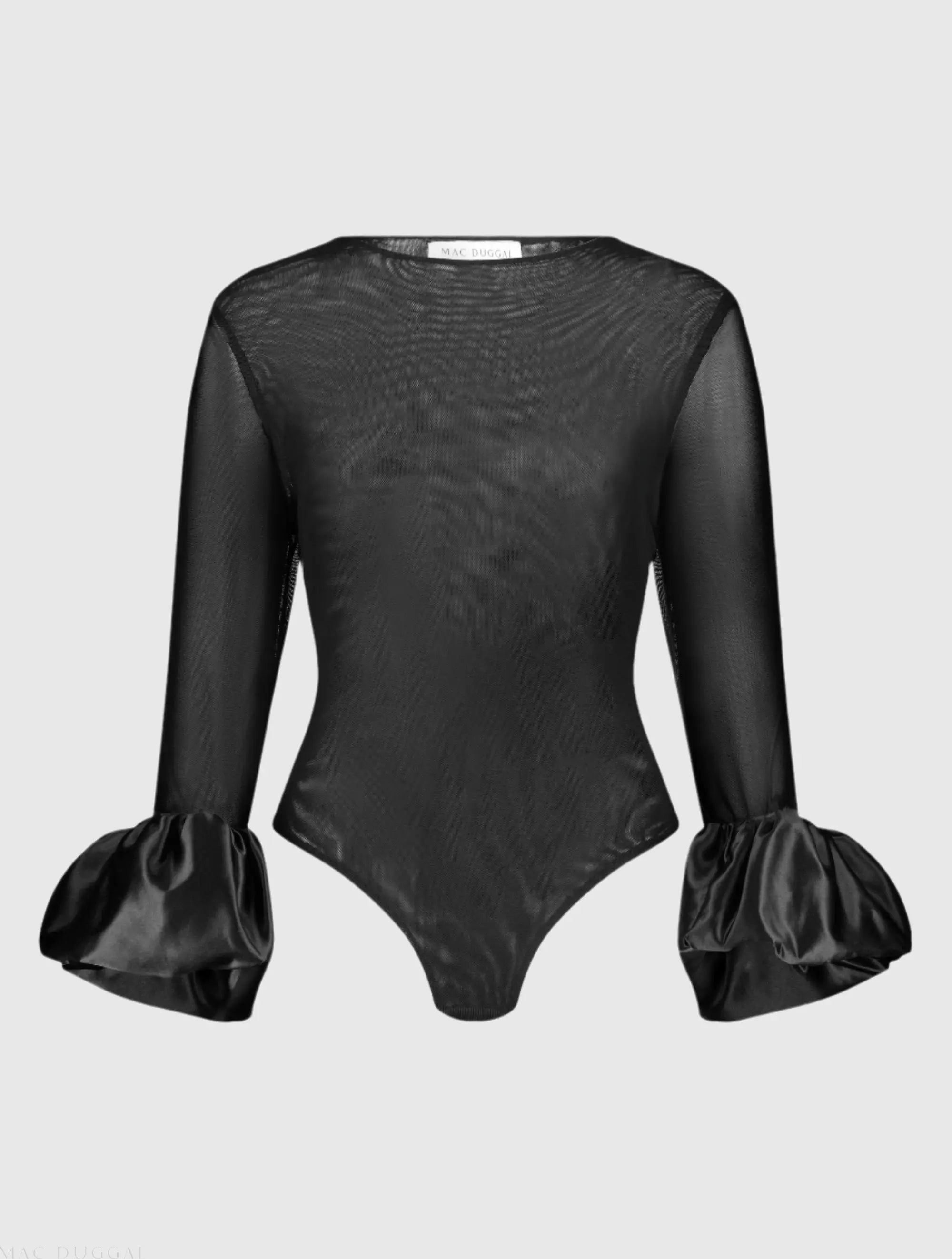 Black Mesh Long Sleeve Bodysuit With Satin Puff Sleeve - FINAL SALE